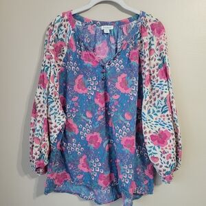 Sundance Pink And Blue V-Neck Floral Blouse Top Size Large
